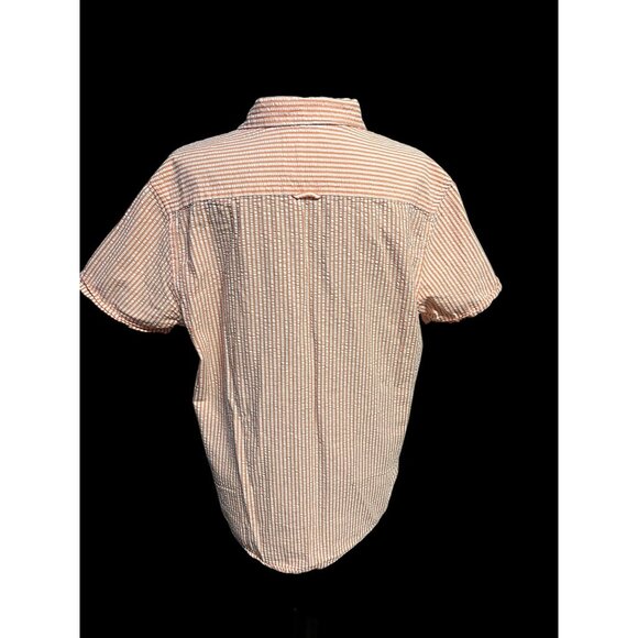 Denim & Flower Striped Short Sleeve Button-Up Shirt Men Orange/White Seersucker - Picture 4 of 7